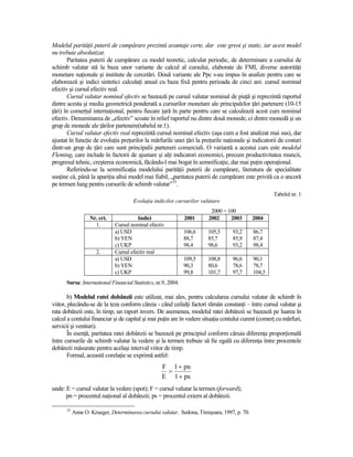 Modelul parităŃii puterii de cumpărare prezintă avantaje certe, dar este greoi şi static, iar acest model
nu trebuie absolutizat.
       Paritatea puterii de cumpărare ca model teoretic, calculat periodic, de determinare a cursului de
schimb valutar stă la baza unor variante de calcul al cursului, elaborate de FMI, diverse autorităŃi
monetare naŃionale şi institute de cercetări. Două variante ale Ppc s-au impus în analize pentru care se
elaborează şi indici sintetici calculaŃi anual cu baza fixă pentru perioada de cinci ani: cursul nominal
efectiv şi cursul efectiv real.
       Cursul valutar nominal efectiv se bazează pe cursul valutar nominal de piaŃă şi reprezintă raportul
dintre acesta şi media geometrică ponderată a cursurilor monetare ale principalelor Ńări partenere (10-15
Ńări) în comerŃul internaŃional, pentru fiecare Ńară în parte pentru care se calculează acest curs nominal
efectiv. Denuminarea de „efectiv” scoate în relief raportul nu dintre două monede, ci dintre monedă şi un
grup de monede ale Ńărilor partenere(tabelul nr.1).
       Cursul valutar efectiv real reprezintă cursul nominal efectiv (aşa cum a fost analizat mai sus), dar
ajustat în funcŃie de evoluŃia preŃurilor la mărfurile unei Ńări la preŃurile naŃionale şi indicatorii de costuri
dintr-un grup de Ńări care sunt principalii parteneri comerciali. O variantă a acestui curs este modelul
Fleming, care include în factorii de ajustare şi alŃi indicatori economici, precum productivitatea muncii,
progresul tehnic, creşterea economică, făcându-l mai bogat în semnificaŃie, dar mai puŃin operaŃional.
       Referindu-se la semnificaŃia modelului parităŃii puterii de cumpărare, literatura de specialitate
susŃine că, până la apariŃia altui model mai fiabil, „paritatea puterii de cumpărare este privită ca o ancoră
pe termen lung pentru cursurile de schimb valutar”33.
                                                                                                     Tabelul nr. 1
                                      EvoluŃia indicilor cursurilor valutare
                                                                        2000 = 100
                  Nr. crt.              Indici                 2001    2002     2003         2004
                    1.        Cursul nominal efectiv
                              a) USD                           106,6   105,5      93,2       86,7
                              b) YEN                           88,7    85,7       85,9       87,4
                              c) UKP                           98,4    98,6       93,2       98,4
                     2.       Cursul efectiv real
                              a) USD                           109,5   108,8      96,6       90,1
                              b) YEN                           90,3    80,6       78,6       78,7
                              c) UKP                           99,8    101,7      97,7       104,5
      Sursa: International Financial Statistics, nr.9, 2004.

        b) Modelul ratei dobânzii este utilizat, mai ales, pentru calcularea cursului valutar de schimb în
viitor, plecându-se de la teza conform căreia - când ceilalŃi factori rămân constanŃi – între cursul valutar şi
rata dobânzii este, în timp, un raport invers. De asemenea, modelul ratei dobânzii se bazează pe luarea în
calcul a contului financiar şi de capital şi mai puŃin are în vedere situaŃia contului curent (comerŃ cu mărfuri,
servicii şi venituri).
        În esenŃă, paritatea ratei dobânzii se bazează pe principiul conform căruia diferenŃa proporŃională
între cursurile de schimb valutar la vedere şi la termen trebuie să fie egală cu diferenŃa între procentele
dobânzii măsurate pentru acelaşi interval viitor de timp.
        Formal, această corelaŃie se exprimă astfel:
                                                   F 1 + pn
                                                    =
                                                   E 1 + ps
unde: E = cursul valutar la vedere (spot); F = cursul valutar la termen (forward);
      pn = procentul naŃional al dobânzii; ps = procentul extern al dobânzii.

      33
           Anne O. Krueger, Determinarea cursului valutar, Sedona, Timişoara, 1997, p. 70.
 