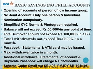 BASIC SAVINGS (NO FRILL ACCOUNT)
 Opening of accounts of person of low income group.
 No Joint Account, Only one person & Individual.
 Nomination compulsory.
 Simplified KYC Norms & Photograph required.
 Balance will not exceed Rs.50,000/-in any point of time.
 Total Turnover should not exceed Rs.100,000/- in a F/Y.
 Total withdrawals not exceed Rs.10,000/- in a
month.
 Passbook , Statements & ATM card may be issued.
 Max. withdrawal twice in a month.
 Additional withdrawal, Statements of account &
Duplicate Passbook will charge Rs. 15/months.
 Scheme Code: Small A/c SB-106, PMJDY SB-104/105
 