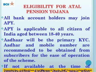 ELIGIBILITY FOR ATAL
PENSION YOJANA
All bank account holders may join
APY.
APY is applicable to all citizen of
India aged between 18-40 years.
Aadhaar will be the primary KYC.
Aadhar and mobile number are
recommended to be obtained from
subscribers for the ease of operation
of the scheme.
If not available at the time of
 