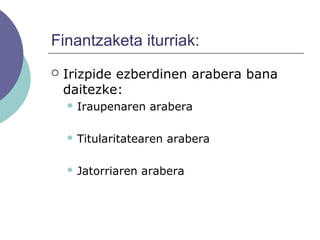 Finantzaketa iturriak:
 Irizpide ezberdinen arabera bana
daitezke:
 Iraupenaren arabera
 Titularitatearen arabera
 Jatorriaren arabera
 