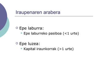 Iraupenaren arabera
 Epe laburra:
 Epe laburreko pasiboa (<1 urte)
 Epe luzea:
 Kapital iraunkorrak (>1 urte)
 