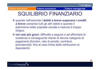Fattore finanziario    Fattore economico      Fattore manageriale

         SQUILIBRIO FINANZIARIO
    quando nell’azienda i debiti a breve superano i crediti
     a breve compresi tutti gli altri debiti e quando il
     patrimonio netto (capitale sociale e riserve) è troppo
     esiguo.
    nei casi più gravi: difficoltà a seguire e ad affrontare le
     scadenze e conseguente ritardo di alcune categorie di
     pagamenti (fornitori, rate di prestiti, contributi
     previdenziali, fino al caso limite delle retribuzioni ai
     dipendenti)
 