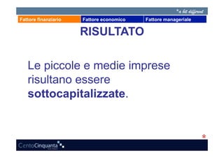 Fattore finanziario   Fattore economico   Fattore manageriale

                      RISULTATO

   Le piccole e medie imprese
   risultano essere
   sottocapitalizzate.
 