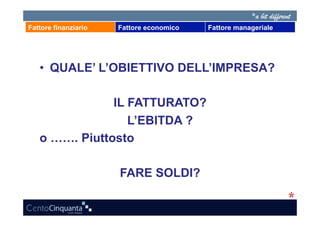 Fattore finanziario   Fattore economico   Fattore manageriale




   •  QUALE’ L’OBIETTIVO DELL’IMPRESA?

               IL FATTURATO?
                  L’EBITDA ?
   o ……. Piuttosto

                      FARE SOLDI?
 