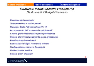Fattore finanziario         Fattore economico      Fattore manageriale

            FINANZA E PIANIFICAZIONE FINANZIARIA
                Gli strumenti: il Budget Finanziario

 Ricezione dati economici
 Trasformazione in dati monetari
 Ricezione Stato Patrimoniale al 31 / 12
 Accorpamento dati economici e patrimoniali
 Calcolo giorni medi incasso (anno precedente)
 Calcolo giorni medi pagamento (anno precedente)
 Pianificazione Investimenti
 Elaborazione Budget Finanziario mensile
 Predisposizione manovra finanziaria
 Elaborazione e verifica
 Calcolo Oneri finanziari
 