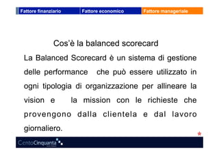 Fattore finanziario     Fattore economico   Fattore manageriale




               Cos’è la balanced scorecard
 La Balanced Scorecard è un sistema di gestione
 delle performance           che può essere utilizzato in
 ogni tipologia di organizzazione per allineare la
 vision e             la mission con le richieste che
 provengono dalla clientela e dal lavoro
 giornaliero.
 
