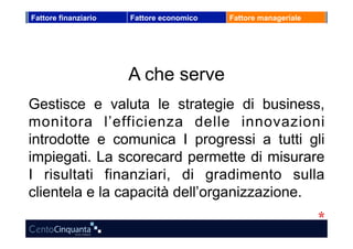 Fattore finanziario   Fattore economico   Fattore manageriale




                      A che serve
Gestisce e valuta le strategie di business,
monitora l’efficienza delle innovazioni
introdotte e comunica I progressi a tutti gli
impiegati. La scorecard permette di misurare
I risultati finanziari, di gradimento sulla
clientela e la capacità dell’organizzazione.
 