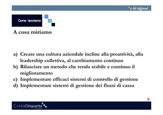 A cosa miriamo


a)  Creare una cultura aziendale incline alla proattività, alla
    leadership collettiva, al cambiamento continuo
b)  Rilasciare un metodo che renda stabile e continuo il
    miglioramento
c)  Implementare efficaci sistemi di controllo di gestione
d)  Implementare sistemi di gestione dei flussi di cassa
 