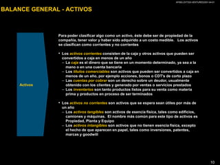 AP/BG-ZXT333-VENTURES2001-04-014ESTADO DE PÉRDIDAS Y GANANCIASLos ingresos miden al aumento de los activos (o reducción de pasivos) al vender bienes o proveer servicios a los clientesIngresosLos gastos miden la salida de activos (o el incremento en los pasivos) utilizados en la generación de los ingresosCostos y GastosLa utilidad (pérdida) es el exceso de ingresos (gastos) sobre los gastos (ingresos) Utilidad