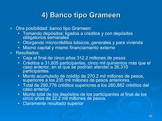 4) Banco tipo Grameen Otra posibilidad: banco tipo Grameen: Tomando depósitos: ligados a créditos y con depósitos obligatorios semanales Otorgando mi crocréditos básicos, generales y para vivienda  Mismo capital y mismo financiamiento externo  Resultados:  Caja al final de cinco años 312.2 millones de pesos  Créditos a 31,805 participantes, cinco mil quinientos más que el caso anterior, en el que se podrían atender a 26,310 participantes.  Monto acumulado de crédito de 270.2 mil millones de pesos, superiores a los 235 mil millones de pesos anteriores,  Total de 290,776 créditos superiores a los 260,882 créditos del caso anterior.  Monto total de los depósitos de los participantes al final de los cinco años de 22.2 mil millones de pesos. Claramente resultado superior 