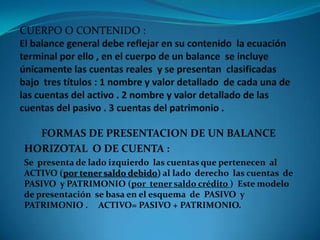 FORMAS DE PRESENTACION DE UN BALANCE
HORIZOTAL O DE CUENTA :
Se presenta de lado izquierdo las cuentas que pertenecen al
ACTIVO (por tener saldo debido) al lado derecho las cuentas de
PASIVO y PATRIMONIO (por tener saldo crédito ) Este modelo
de presentación se basa en el esquema de PASIVO y
PATRIMONIO . ACTIVO= PASIVO + PATRIMONIO.

 