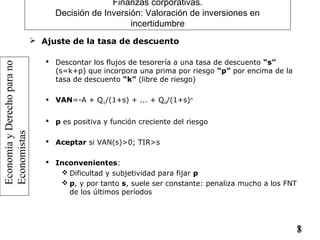 EconomíayDerechoparano
Economistas
18
Finanzas corporativas.
Decisión de Inversión: Valoración de inversiones en
incertidumbre
 Ajuste de la tasa de descuento
 Descontar los flujos de tesorería a una tasa de descuento “s”
(s=k+p) que incorpora una prima por riesgo “p” por encima de la
tasa de descuento “k” (libre de riesgo)
 VAN=-A + Q1/(1+s) + ... + Qn/(1+s)n
 p es positiva y función creciente del riesgo
 Aceptar si VAN(s)>0; TIR>s
 Inconvenientes:
 Dificultad y subjetividad para fijar p
 p, y por tanto s, suele ser constante: penaliza mucho a los FNT
de los últimos períodos
 