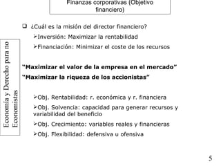 EconomíayDerechoparano
Economistas
5
Finanzas corporativas (Objetivo
financiero)
 ¿Cuál es la misión del director financiero?
Inversión: Maximizar la rentabilidad
Financiación: Minimizar el coste de los recursos
“Maximizar el valor de la empresa en el mercado”
“Maximizar la riqueza de los accionistas”
Obj. Rentabilidad: r. económica y r. financiera
Obj. Solvencia: capacidad para generar recursos y
variabilidad del beneficio
Obj. Crecimiento: variables reales y financieras
Obj. Flexibilidad: defensiva u ofensiva
 