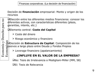 EconomíayDerechoparano
Economistas
9
Finanzas corporativas. (La decisión de financiación)
Decisión de financiación empresarial: Monto y origen de los
recursos
Elección entre los diferentes medios financieros: conocer los
diferentes activos, con características diferentes (plazo,
garantías, interés, etc.)
Elemento central: Coste del Capital
 Coste del dinero
 Riesgo económico y financiero
Decisión de Estructura de Capital: Composición de los
pasivos a largo plazo entre Deuda y Fondos Propios
 Leverage financiero (apalancamiento)
¿INFLUYE EN EL VALOR DE LA EMPRESA?
No: Tesis de Irrelevancia o Modigliani-Miller (MM, 58)
Sí: Tesis de Relevancia
 