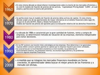 1960
• En esta misma década se desarrollaron investigaciones sobre la teoría de los mercados eficientes y
se creó El modelo de fijación de precios de los activos, ¨CapitalAsset Pricing Model ¨CAPM¨, el cual
amplio y perfecciono la teoría del portafolio.
1970
• Se perfeccionó mas el modelo de fijación de precios delos activos de capital. En esta misma
década surgió una de las aportaciones de mayor relevancia en el ámbito financiero delo siglo XX,
ya que en el año de1973, Black y Sholes formularon el
modelo de fijación de precios de opciones para la evaluación relativa de los derechos financieros.
1980
•La década de 1980s e caracterizó por la gran cantidad de fusiones, venta y compra de
empresas, se determinaron métodos de valuación de las empresas, elemento indispensable
para tomar decisiones.
1990
• En los 90`tuvieron una función vital y estratégica en las empresas. Para determinar si se generaban
riquezas deben conocer quienes aportan el capital que la empresa requiere para tener utilidades.
• Se caracteriza por la incertidumbre económica a nivel mundial, los problemas de
financiamiento externo, los prestamos internos, los excesos especulativos y los problemas
éticos en algunas empresas financieras
2000
• A medida que se integran los mercados financiero mundiales en forma
creciente, el administrador debia buscar el mejor precio de las fronteras y a
menudo con divisas.
 
