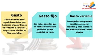 Se define como todo
aquel desembolso que
hacemos al pagar bienes
de consumo o servicios ,
los gastos se dividen en
fijos o variables
Gasto Gasto fijo
Son todos aquellos que
se realizan de manera
periódica y cuya
cantidad no varia
Gasto variable
Son aquellos que pueden
cambiar con mayor
facilidad y a los cuales se
les pueden realizar ciertos
ajustes
 