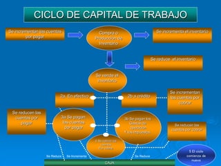 CICLO DE CAPITAL DE TRABAJO
Se incrementan las cuentas
por pagar
Se incrementa el inventario
Compra o
Producción de
Inventario
Se vende el
Inventario
Se reduce el inventario
2a. En efectivo 2b a crédito
Se incrementan
las cuentas por
cobrar
Se reducen las
cuentas por
pagar
3a Se pagan
las cuentas
por pagar
3b Se pagan los
Gastos de
operación
Y los impuestos
4 Se cobran los
cuentas
Por cobrar
Se reducen las
cuentas por cobrar
CAJA
Se Reduce Se Incrementa Se Reduce
5 El ciclo
comienza de
nuevo
 