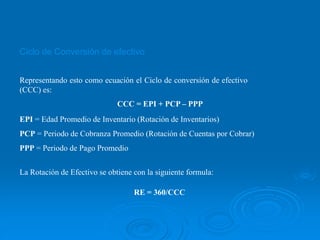 Representando esto como ecuación el Ciclo de conversión de efectivo
(CCC) es:
CCC = EPI + PCP – PPP
EPI = Edad Promedio de Inventario (Rotación de Inventarios)
PCP = Periodo de Cobranza Promedio (Rotación de Cuentas por Cobrar)
PPP = Periodo de Pago Promedio
La Rotación de Efectivo se obtiene con la siguiente formula:
RE = 360/CCC
Ciclo de Conversión de efectivo
 