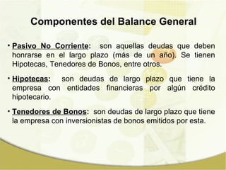 Pasivo No Corriente :   son aquellas deudas que deben honrarse en el largo plazo (más de un año). Se tienen Hipotecas, Tenedores de Bonos, entre otros. Hipotecas :   son deudas de largo plazo que tiene la empresa con entidades financieras por algún crédito hipotecario. Tenedores de Bonos :   son deudas de largo plazo que tiene la empresa con inversionistas de bonos emitidos por esta. Componentes del Balance General 