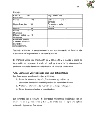 41


Ejemplo:
Estados           de                      Flujo de Efectivo
Resultados
Ventas                 100                Entradas       por 10
                                          periodos
Costo de ventas        80                 Formado por caja y
                                          bancos
Utilidad           20                     Salidas            2
Gastos          de 10
Operación
Utilidad antes de 10
impuestos
Puede ser que sea
a crédito y no sea
disponible
inmediatamente.

Toma de decisiones. La segunda diferencia más importante entre las Finanzas y la
Contabilidad tiene que ver con la toma de decisiones.


El financiero utiliza está información tal y como esta y la analiza y ajusta la
información sin considerar el objeto principal en la toma de decisiones que los
principios fundamentales entre la Contabilidad de Finanzas son distintos.


1.2.3. Las finanzas y su relación con otras áreas de la contaduría
Las finanzas nos permiten entre otras actividades:
   1. Tomar decisiones de inversión, financiamientos y dividendos.
   2. Seleccionar alternativas para la aplicación de recursos financieros
   3. Analizar las alternativas de inversión (en el tiempo y el espacio)
   4. Tomar decisiones frente a la incertidumbre.




Las Finanzas son el conjunto de actividades mercantiles relacionadas con el
dinero de los negocios, bolsa y banca, de modo que se logre una optima
asignación de recursos financieros.
 