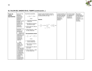 54



EL VALOR DEL DINERO EN EL TIEMPO (continuación...)

Tasas de        Se dice que dos    Tasa efectiva equivalente               Calcular la tasa equivalente nominal de          La tasa equivalente, es   Es la forma sencilla   Bajo ciertas
                tasas son                                                  CETES a 28 días, a partir de la tasa de          aquella que generará      de comparar tasas      condiciones de
interés
equivalentes
                equivalentes
                cuando ambas,
                                               1 i
                                         i EE   
                                                    m/n
                                                        1 100             15.38% de CETES a 91 días.                       los mismos intereses
                                                                                                                            que otra tasa con
                                                                                                                                                      con diferentes
                                                                                                                                                      periodos de
                                                                                                                                                                             periodos diferentes
                                                                                                                                                                             se puede generar
                operando en                                                                                                 periodo de                capitalización.        errores de
                condiciones                     Donde:                                                                      capitalización                                   equivalencia entre
                diferentes,                                                Solución:                                        diferente.                                       las tasas
                                   i = Tasa efectiva equivalente
                producen el mismo EE                                                                                                                                         analizadas.
                resultado. La           a determinar.
                condición de
                operación hace     i = Tasa efectiva a convertir o
                referencia al           tasa efectiva original                   
                                                                                              91 
                                                                                                    28 / 91
                                                                                                               360 
                                                                                 1
                                                                           i EN  0 .1538              
                                                                                                             1      
                                                                                                                     100
                periodo de                                                       
                                                                                            360             28 
                capitalización.   n = Días de plazo de i, plazo en               
                                                                                                                  
                                      días original                                       iEN  .77 %
                                                                                                15
                Se distinguen dos
                formas de           m = Días de plazo de iEE, plazo
                expresar tasas             en días a determinar.
                equivalentes:
                     Tasa efectiva
                 equivalente.- Se      Tasa equivalente nominal
                 determina a partir
                                              
                                                     n 
                                                          m/ n
                                                                 360 
                 de dos tasas          i EN      
                                              1 i             1   100
                                                                       
                                              
                                                   360        m 
                 efectivas con                
                                                                    
                 periodos de
                 capitalización                      Donde:
                 diferentes
                                     iEN = Tasa de equivalente
                     Tasa                   nominal a determinar.
                 equivalente
                 nominal.- Es        i = Tasa nominal a convertir o
                 aquella que se              tasa original
                 presenta el
                 mismo              n = Días de plazo de i, plazo en
                 rendimiento para          días original
                 plazos diferentes
                 y cuya finalidad   m = Días de plazo de iEE, plazo
                 es mantener la            en días a determinar.
                 homogeneidad
                 que pueda hacer
                 comparables,
                 nominalmente,
                 diversas
                 alternativas de
                 inversión y tener
                 equivalencias.
 