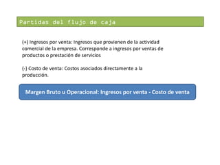 Partidas del flujo de caja
(+) Ingresos por venta: Ingresos que provienen de la actividad
comercial de la empresa. Corresponde a ingresos por ventas de
productos o prestación de servicios

(-) Costo de venta: Costos asociados directamente a la
producción.

Margen Bruto u Operacional: Ingresos por venta - Costo de venta

 
