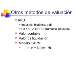 Otros métodos de valuación
 RPU

Industria, histórico, país

Po = UPA x RPU(promedio industria)
 Valor contable
 Valor de liquidación
 Modelo CAPM

r - rf = β ( rm - rf)
 