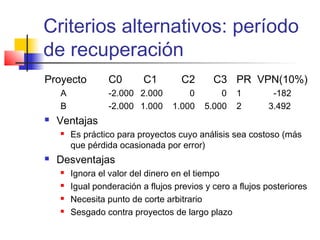 Criterios alternativos: período
de recuperación
Proyecto C0 C1 C2 C3 PR VPN(10%)
A -2.000 2.000 0 0 1 -182
B -2.000 1.000 1.000 5.000 2 3.492
 Ventajas
 Es práctico para proyectos cuyo análisis sea costoso (más
que pérdida ocasionada por error)
 Desventajas
 Ignora el valor del dinero en el tiempo
 Igual ponderación a flujos previos y cero a flujos posteriores
 Necesita punto de corte arbitrario
 Sesgado contra proyectos de largo plazo
 