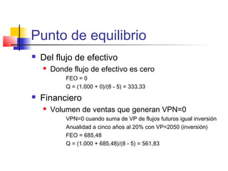 Punto de equilibrio
 Del flujo de efectivo
 Donde flujo de efectivo es cero
FEO = 0
Q = (1.000 + 0)/(8 - 5) = 333,33
 Financiero
 Volumen de ventas que generan VPN=0
VPN=0 cuando suma de VP de flujos futuros igual inversión
Anualidad a cinco años al 20% con VP=2050 (inversión)
FEO = 685,48
Q = (1.000 + 685,48)/(8 - 5) = 561,83
 