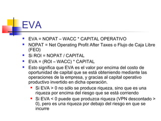 EVA
 EVA = NOPAT – WACC * CAPITAL OPERATIVO
 NOPAT = Net Operating Profit After Taxes o Flujo de Caja Libre
(FEO)
 Si ROI = NOPAT / CAPITAL
 EVA = (ROI – WACC) * CAPITAL
 Esto significa que EVA es el valor por encima del costo de
oportunidad de capital que se está obteniendo mediante las
operaciones de la empresa, y gracias al capital operativo
productivo invertido en dicha operación.
 Si EVA > 0 no sólo se produce riqueza, sino que es una
riqueza por encima del riesgo que se está corriendo
 Si EVA < 0 puede que produzca riqueza (VPN descontado >
0), pero es una riqueza por debajo del riesgo en que se
incurre
 