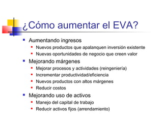 ¿Cómo aumentar el EVA?
 Aumentando ingresos
 Nuevos productos que apalanquen inversión existente
 Nuevas oportunidades de negocio que creen valor
 Mejorando márgenes
 Mejorar procesos y actividades (reingeniería)
 Incrementar productividad/eficiencia
 Nuevos productos con altos márgenes
 Reducir costos
 Mejorando uso de activos
 Manejo del capital de trabajo
 Reducir activos fijos (arrendamiento)
 