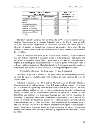 Estrategias financieras empresariales Mary A. Vera Colina
31
ESTRUCTURA DE CAPITAL
PLANIFICADA
COSTO O
RENDIMIENTO
ESPERADO (%)FUENTE MONTO (miles)
Préstamos a corto plazo 80 27
Hipoteca 130 25
Bonos 300 21
Préstamos largo plazo 120 23,5
Acciones comunes 300 32
Acciones privilegiadas 120 28
Reservas para investigación 80 --
Retención de utilidades 300 31
TOTAL 1430 --
El primer elemento requerido para el cálculo del CPPC es la ponderación de cada
fuente de financiamiento en la estructura de capital, para lo cual debe revisarse que todas
las fuentes consideradas cumplan con las condiciones necesarias para formar parte de la
estructura de capital que financia las operaciones del negocio a largo plazo. En este
momento el gerente debe decidir si es necesario incluir o no las fuentes de financiamiento
del corto plazo.
Luego de determinar los rubros que se incluirán en la estructura, y la ponderación de
cada uno de ellos, se procede a ajustar los diferentes costos asociados a cada fuente para
que refleje su verdadero efecto sobre el costo total de los recursos empleados por la
empresa. Este ajuste aplica fundamentalmente a los casos en que los recursos provienen de
la deuda, y están amparados por el beneficio del ahorro de impuestos; este ahorro reduce el
costo original de la deuda, y el costo efectivo de la misma puede expresarse como:
Costo efectivo de deuda = Costo de deuda * (1 - tasa de impuesto)
Finalmente, se procede a multiplicar cada ponderación con su costo correspondiente.
La suma de todos los múltiplos dará como resultado el costo promedio de todos los
recursos, el CPPC.
Aplicando lo anterior al caso de la empresa XXX, se revisa las diferentes fuentes de
financiamiento, de las cuales se decide excluir de la estructura los préstamos a corto plazo,
por ser de naturaleza coyuntural y financiar operaciones inmediatas del negocio. Otro rubro
que debe analizarse es el de las reservas para investigación, ya que éstas constituyen una
cantidad de dinero que ha sido reservado para un fin específico y pueden no estar
disponibles para financiar otras actividades. Suponga que esas reservas (integrantes del
patrimonio) se encuentran apartadas en alguna cuenta de fideicomiso o fondo especial, y no
pueden ser utilizadas por la gerencia, en cuyo caso se trata de recursos que son propiedad
de la empresa pero que no están participando en el financiamiento de sus operaciones; si
esta es la situación, tales reservas no deberían considerarse como parte de la estructura de
capital. Ahora bien, si se trata de fondos que la gerencia utiliza sin mayores restricciones,
deberían considerarse como parte de la estructura, y asignárseles un costo para el cálculo
del CPPC.
 
