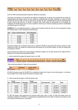 22
Al ser el VAN incremental positivo podemos realizar la renovación.
Otra forma de estudiar la conveniencia de realizar el remplazo de un equipo es comparando los costes de
mantenimiento del equipo nuevo con los costes de mantenimiento del viejo, teniendo en cuenta el valor
residual del viejo en cada uno de los años que le quedan de vida, considerando el coste de oportunidad en
el que incurre cada año por no vender el equipo viejo. Este coste de oportunidad es el resultado de
multiplicar el VR del equipo que no se ha vendido en el año por el coste de capital que sería la rentabilidad
que deja de ganar en ese año.
EJEMPLO: En la actualidad tenemos un equipo que le queda 5 años de vida útil, con los siguientes costes
de mantenimiento y valor residual para dichos años:
Se podría sustituir por un equipo nuevo con un coste de 100.000 y una vida útil de 8 años, siendo su valor
residual de 5.000. Los costes de mantenimiento del equipo son de 20.000 anuales. El coste de capital para
la empresa es del 5%.
Como tenemos los costes de los dos equipos, podemos trabajar con el Valor actual de los Pagos (VAP) y
también con el Coste anual equivalente (CAE).
1.- Valor actual de los pagos del equipo nuevo y su CAE:
Flujo anual equivalente al Pago de los proyectos:
VAP DURACION EQUIV. ANUAL
A 225.880,06 8 34.948,57
El CAE del equipo nuevo de 34.948,57 es constante durante los 8 años de vida del proyecto. Lo tenemos
que comparar con el CAE anual de mantener el equipo viejo.
2.- Valor actual de los pagos y CAE del equipo viejo:
Año
Coste
mantenimiento V.Residual
Coste
oportunidad Coste total año VAP CAE
0 40.000
1 30.000 35.000 42.000 37.000 35.238,10 37.000,00
2 20.000 25.000 36.750 31.750 64.036,28 34.439,02
3 20.000 15.000 26.250 31.250 91.031,21 33.427,44
4 30.000 10.000 15.750 35.750 120.442,82 33.966,30
5 40.000 5.000 10.500 45.500 156.093,26 36.053,61
El CAE del equipo viejo disminuye los primeros años para volver a subir, el CAE del equipo nuevo se
mantiene constante en 34.948,57, si representamos gráficamente los dos CAE no haremos una idea de cuál
es el mejor momento para su renovación.
Inicial 1 2 3 4 5 6 7 8 9 10 VAN
-1.780 341 341 341 341 341 341 341 341 341 741 275,52
INV /PERIODO Inicial 1 2 3 4 5 6 7 8 VAN
A 100.000,00 20.000,00 20.000,00 20.000,00 20.000,00 20.000,00 20.000,00 20.000,00 15.000,00 225.880,06
Año Coste mantenimiento Valor Residual
0 40.000
1 30.000 35.000
2 20.000 25.000
3 20.000 15.000
4 30.000 10.000
5 40.000 5.000
 