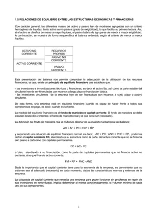 6
1.5 RELACIONES DE EQUILIBRIO ENTRE LAS ESTRUCTURAS ECONOMICAS Y FINANCIERAS
Con carácter general, las diferentes masas del activo y pasivo han de mostrarse agrupadas con un criterio
homogéneo de liquidez, tanto activa como pasiva (grado de exigibilidad), lo que facilita su primera lectura. Así,
si el activo se clasifica de menor a mayor liquidez, el pasivo habría de agruparse de menor a mayor exigibilidad.
A continuación, se muestra de forma esquemática el balance ordenado según el criterio de menor a menor
liquidez:
ACTIVO NO
CORRIENTE
RECURSOS
PROPIOS
PASIVO NO
CORRIENTE
ACTIVO CORRIENTE
PASIVO
CORRIENTE
Esta presentación del balance nos permite comprobar la adecuación de la utilización de los recursos
financieros, ya que, existe un principio de equilibrio financiero que establece que:
- las inversiones e inmovilizaciones técnicas o financieras, es decir el activo fijo, así como la parte estable del
circulante han de ser financiadas con recursos a largo plazo o financiación básica.
- las inversiones circulantes de la empresa han de ser financiadas con recursos a corto plazo o pasivo
circulante.
De esta forma, una empresa está en equilibrio financiero cuando es capaz de hacer frente a todos sus
compromisos de pago, es decir, cuando es solvente.
La medida del equilibrio financiero es el fondo de maniobra o capital corriente. El fondo de maniobra se debe
estudiar desde dos vertientes: el fondo de maniobra real y el que debe ser (necesario).
La definición del fondo de maniobra real lo podemos obtener de la ecuación fundamental del balance:
AC + AF = PC + ELP + RP
y suponiendo una situación de equilibrio financiero normal, es decir: AC > PC ; ANC < PNC + RP, podemos
definir el capital corriente CC, atendiendo a su estructura como la parte del activo corriente que no se financia
con pasivo a corto sino con capitales permanentes.
CC = AC - PC
o bien, atendiendo a su financiación, como la parte de capitales permanentes que no financia activo no
corriente, sino que financia activo corriente:
FM = RP + PNC - ANC
Dada la importancia que el capital corriente tiene para la economía de la empresa, es conveniente que su
volumen sea el adecuado (necesario) en cada momento, dadas las características internas y externas de la
empresa.
La búsqueda del capital corriente que necesita una empresa para poder funcionar sin problemas en razón de
sus inversiones en inmovilizado, implica determinar al menos aproximadamente, el volumen mínimo de cada
uno de sus componentes.
 