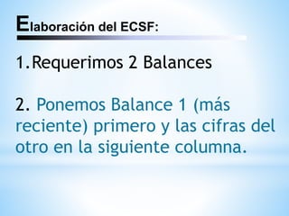 1.Requerimos 2 Balances
2. Ponemos Balance 1 (más
reciente) primero y las cifras del
otro en la siguiente columna.
Elaboración del ECSF:
 