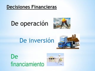 Decisiones Financieras
De
financiamiento
De inversión
De operación
 