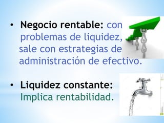 • Negocio rentable: con
problemas de liquidez,
sale con estrategias de
administración de efectivo.
• Liquidez constante:
Implica rentabilidad.
 