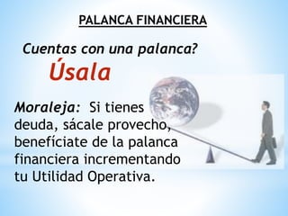 PALANCA FINANCIERA
Moraleja: Si tienes
deuda, sácale provecho,
benefíciate de la palanca
financiera incrementando
tu Utilidad Operativa.
Cuentas con una palanca?
Úsala
 