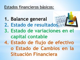 Estados financieros básicos:
1. Balance general
2. Estado de resultados
3. Estado de variaciones en el
capital contable
4. Estado de flujo de efectivo
o Estado de Cambios en la
Situación Financiera
 