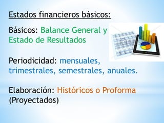 Estados financieros básicos:
Básicos: Balance General y
Estado de Resultados
Periodicidad: mensuales,
trimestrales, semestrales, anuales.
Elaboración: Históricos o Proforma
(Proyectados)
 