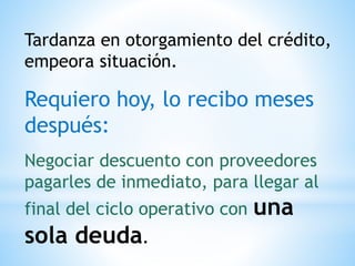 Tardanza en otorgamiento del crédito,
empeora situación.
Requiero hoy, lo recibo meses
después:
Negociar descuento con proveedores
pagarles de inmediato, para llegar al
final del ciclo operativo con una
sola deuda.
 