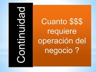 Continuidad Cuanto $$$
requiere
operación del
negocio ?
 