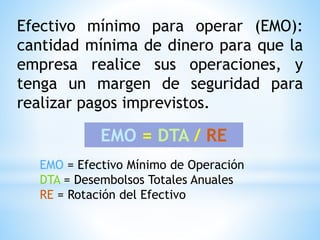 Efectivo mínimo para operar (EMO):
cantidad mínima de dinero para que la
empresa realice sus operaciones, y
tenga un margen de seguridad para
realizar pagos imprevistos.
EMO = DTA / RE
EMO = Efectivo Mínimo de Operación
DTA = Desembolsos Totales Anuales
RE = Rotación del Efectivo
 
