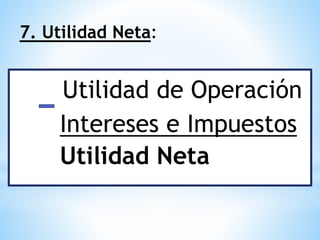 7. Utilidad Neta:
Utilidad de Operación
Intereses e Impuestos
Utilidad Neta
 