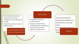 • El crecimiento del comercio del
Cacao posiciono a Caracas,
centrando la economía alrededor de
la ciudad
• Venezuela es ascendida a rango de
Capitanía General
La compañía guipuzcoana fue
un éxito en la época colonial
• La sociedad venezolana era
sociedad de castas.
• El grupo mas grande de esta
sociedad (los pardo) se dedicaban al
pequeño comercio, labores
agrícolas y el trabajo manual
Época colonial
•La economía colonial de
Venezuela gira alrededor de la
exportación de cueros, trigo,
tabaco.
•Se instaura el libre comercio en
Venezuela y se extingue la
compañía Guipuzcoana
Siglo XIX
 