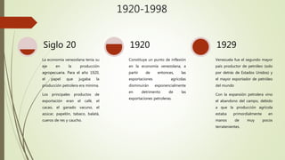 1920-1998
La economía venezolana tenía su
eje en la producción
agropecuaria. Para el año 1920,
el papel que jugaba la
producción petrolera era mínima.
Los principales productos de
exportación eran el café, el
cacao, el ganado vacuno, el
azúcar, papelón, tabaco, balatá,
cueros de res y caucho.
Siglo 20
Constituye un punto de inflexión
en la economía venezolana, a
partir de entonces, las
exportaciones agrícolas
disminuirán exponencialmente
en detrimento de las
exportaciones petroleras.
1920
Venezuela fue el segundo mayor
país productor de petróleo (solo
por detrás de Estados Unidos) y
el mayor exportador de petróleo
del mundo
Con la expansión petrolera vino
el abandono del campo, debido
a que la producción agrícola
estaba primordialmente en
manos de muy pocos
terratenientes.
1929
 