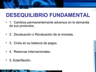 DESEQUILIBRIO FUNDAMENTAL
• 1. Cambios permanentemente adversos en la demanda
de sus productos.
• 2. Devaluación o Revaluación de la moneda.
• 3. Crisis en su balanza de pagos.
• 4. Reservas Internacionales.
• 5. Estanflación.
 