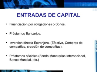 ENTRADAS DE CAPITAL
• Financiación por obligaciones o Bonos.
• Préstamos Bancarios.
• Inversión directa Extranjera. (Efectivo, Compras de
compañías, creación de compañías).
• Préstamos oficiales (Fondo Monetarios Internacional,
Banco Mundial, etc.)
 