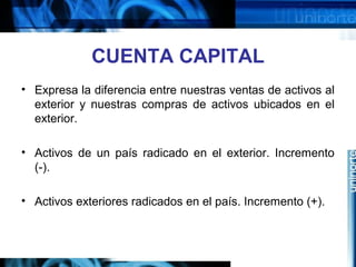 CUENTA CAPITAL
• Expresa la diferencia entre nuestras ventas de activos al
exterior y nuestras compras de activos ubicados en el
exterior.
• Activos de un país radicado en el exterior. Incremento
(-).
• Activos exteriores radicados en el país. Incremento (+).
 