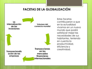 FACETAS DE LA GLOBALIZACIÓN


                                           Estas facetas
      La                                   contribuyeron a que
internalización           Volumen del      en la actualidad
     de las             comercio mundial
                                           vivamos en un nuevo
  inversiones
                                           mundo que podrá
                                           satisfacer mejor las
                                           necesidades de sus
                                           habitantes, teniendo
                                           en cuenta la
                                           productividad,
                                           eficiencia y
                         Transacciones     creatividad.
Transnacionaliz               en los
  ación de las              mercados
   empresas                financieros
                        internacionales
 